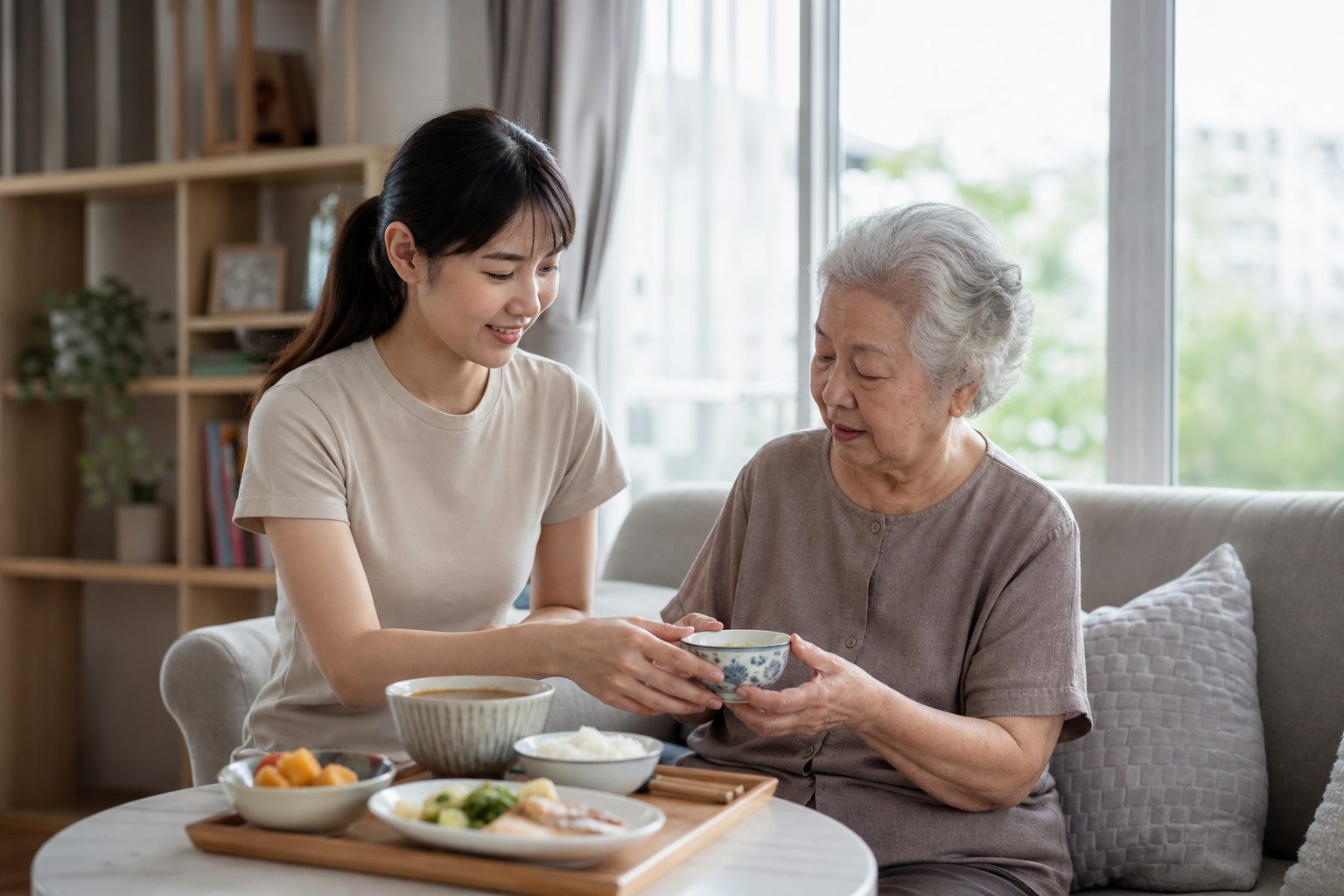 照顧者在家中陪伴長者進行日常生活照顧的情境